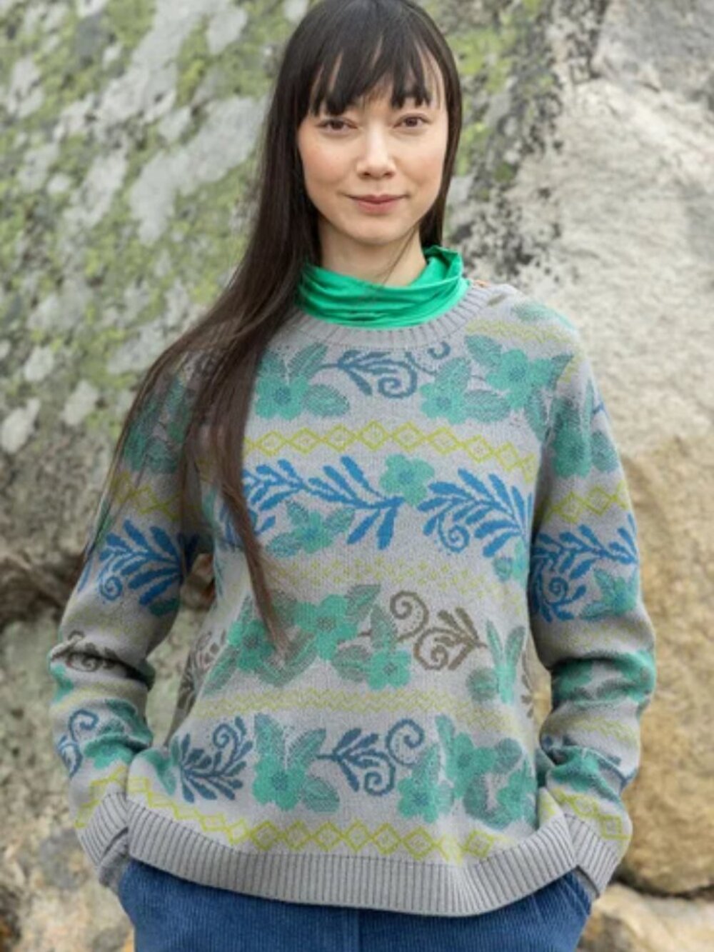 GUDRUN SJODEN M Blue Floral Fisherman's Crew Neck Sweater 100% Wool